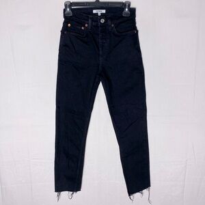Re/Done Black High Rise Button Fly Raw Hem Cropped Jeans 25